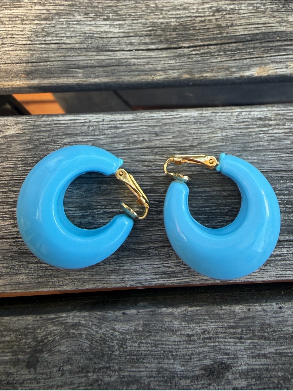 Sky Blue Clip-On Hoop Earrings Chunky Retro